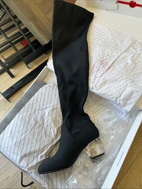 Aldo Black Over-the-Knee Stretch Boot with Clear Block Heel
